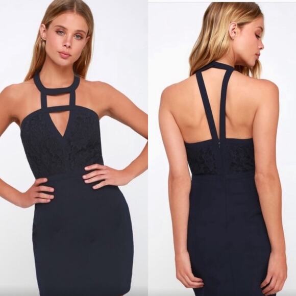 NWT Lulus Halter Lace Bodycon Mini Dress Navy Size X-Small - Picture 1 of 11
